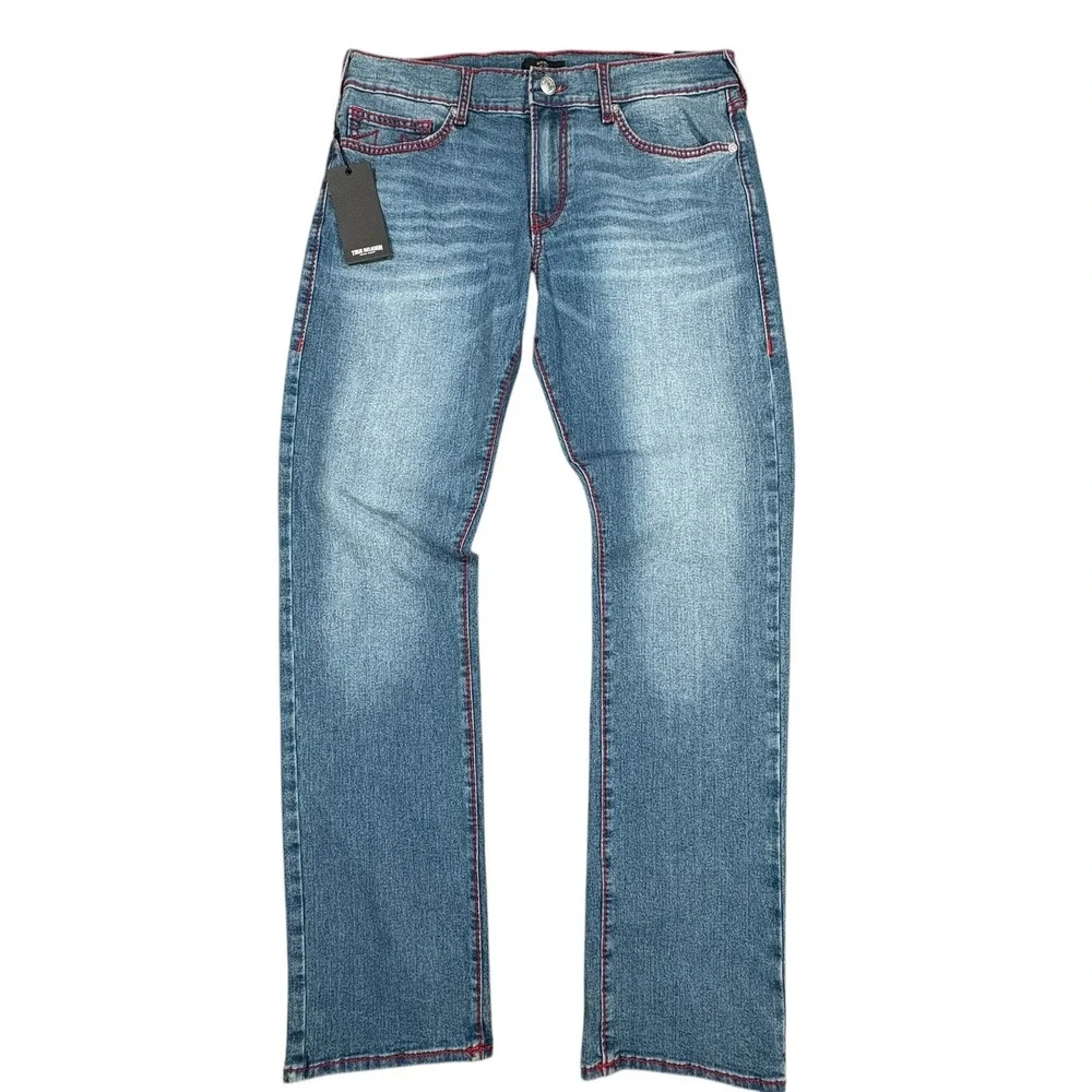 True Religion Ricky Red Big T Jeans Mens 34x34 Blue Neptune Wash Straight NWT